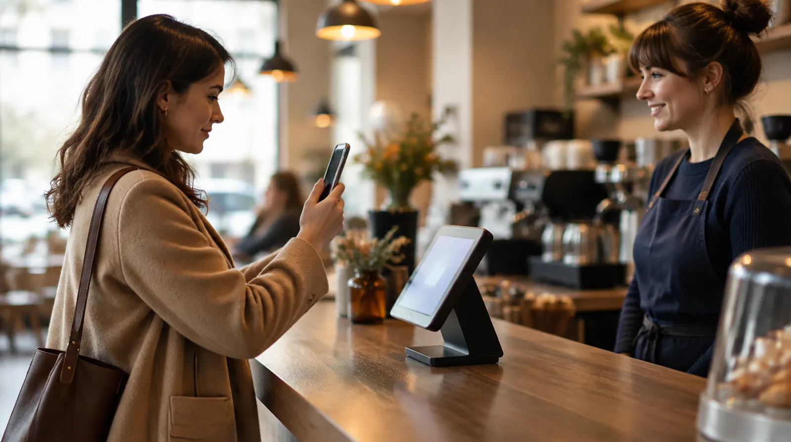 Misafir, kasanın kendisine dönük ekranındaki QR kodu telefonuyla okutuyor